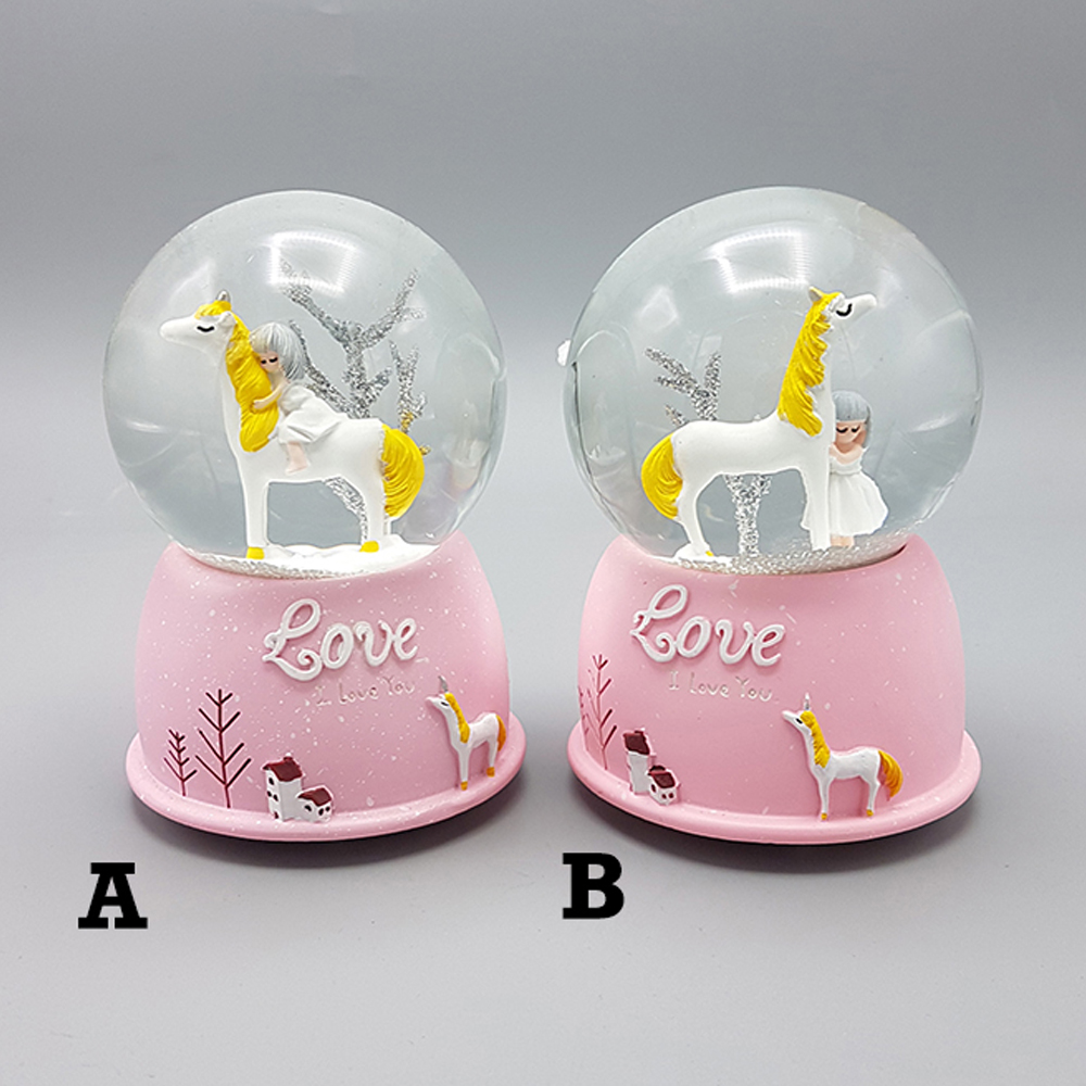 Mini Pembe Kar Küresi - Sevimli Unicorn ve Kız Tasarımlı - Işıklı