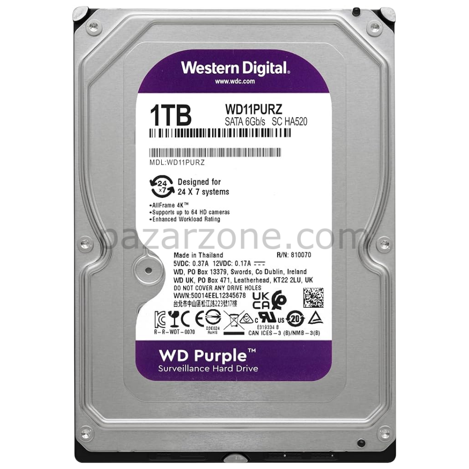 WD PURPLE, WD11PURZ, 3.5" 1TB, 64Mb, 5400 Rpm, 7/24 Güvenlik, HDD (Türkiye Distribütörü Garantili)