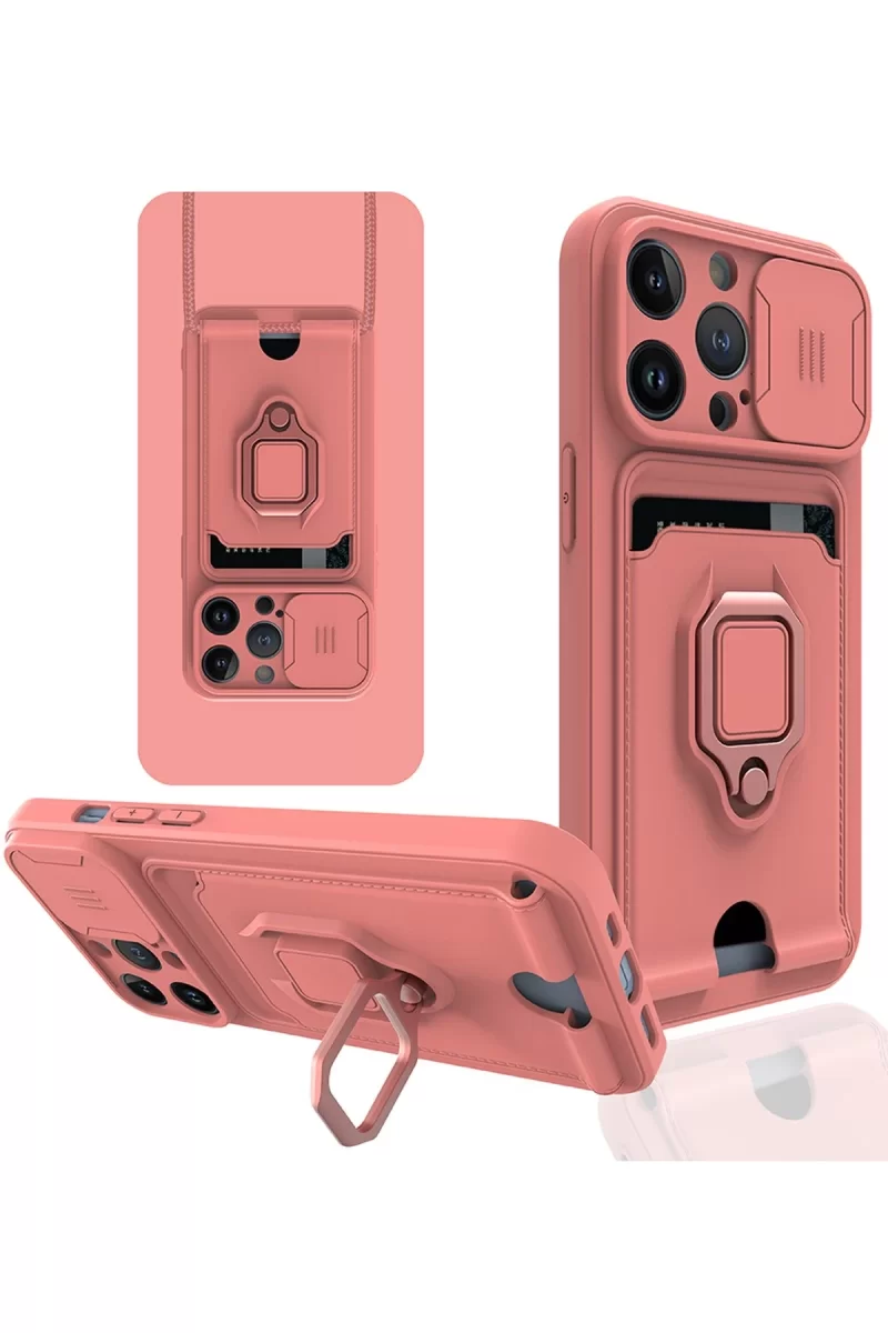 Newface Apple iPhone 13 Pro Kılıf Zuma Kartvizitli Yüzüklü Silikon - Pembe