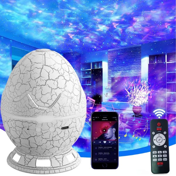 Çatlak Dinozor Yumurtası Tasarımlı Projektörlü Gece Lambası Bluetooth Özellikli