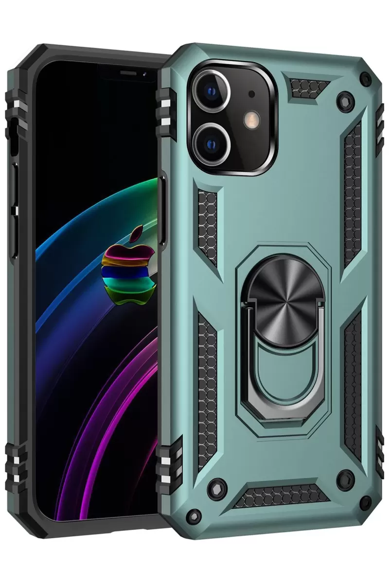 Newface Apple iPhone 12 Mini Kılıf Sofya Yüzüklü Silikon Kapak - Yeşil