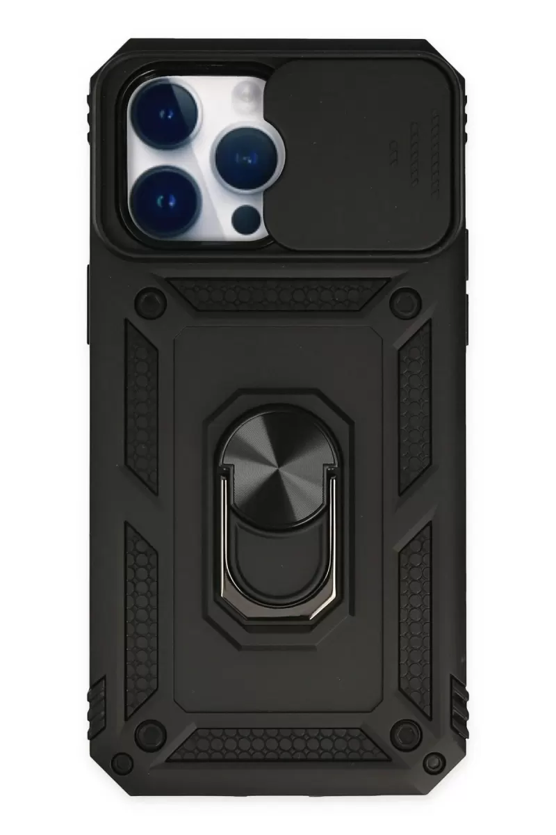 Newface Apple iPhone 14 Pro Max Kılıf Pars Lens Yüzüklü Silikon - Siyah