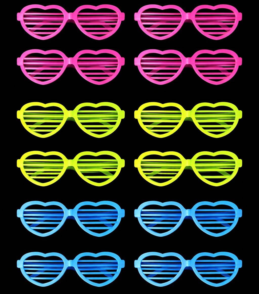 Retro Neon Fosforlu Kalp Panjur Gözlük - 12 Adet