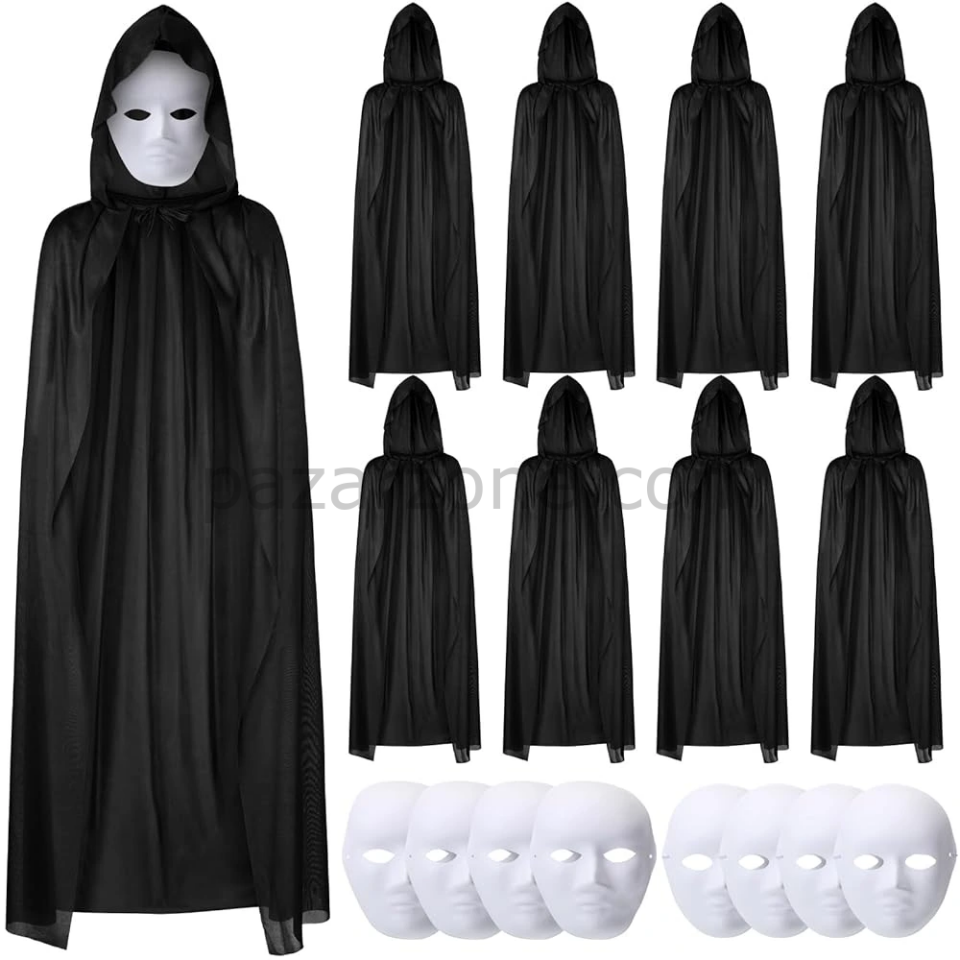 120 Cm Siyah Kapüşonlu Pelerin Ve Boyanabilir Karton Maske 8’li Set