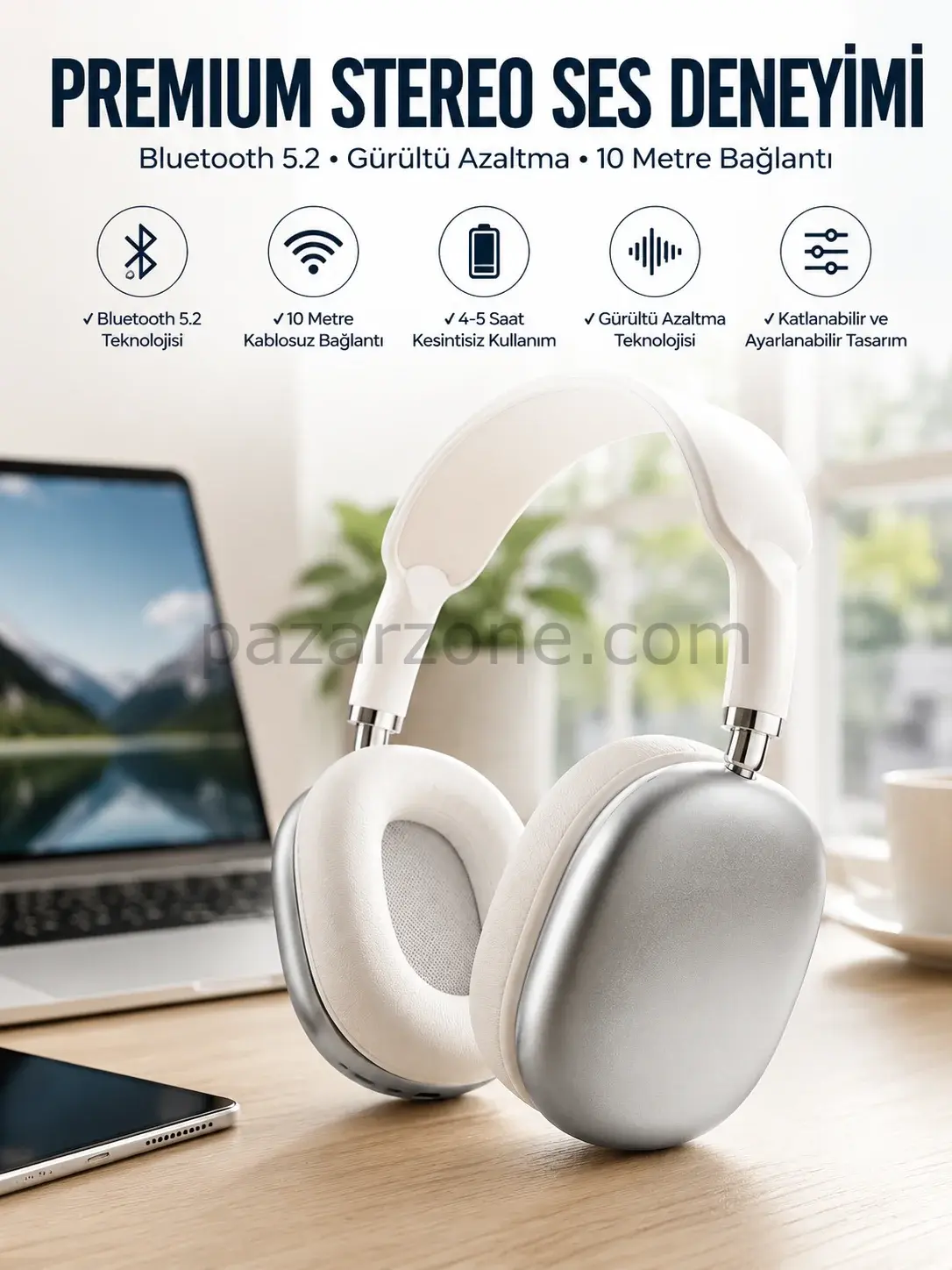 P9 Plus Kablosuz Kulak Üstü Bluetooth Kulaklık Beyaz Yüksek Ses Kaliteli