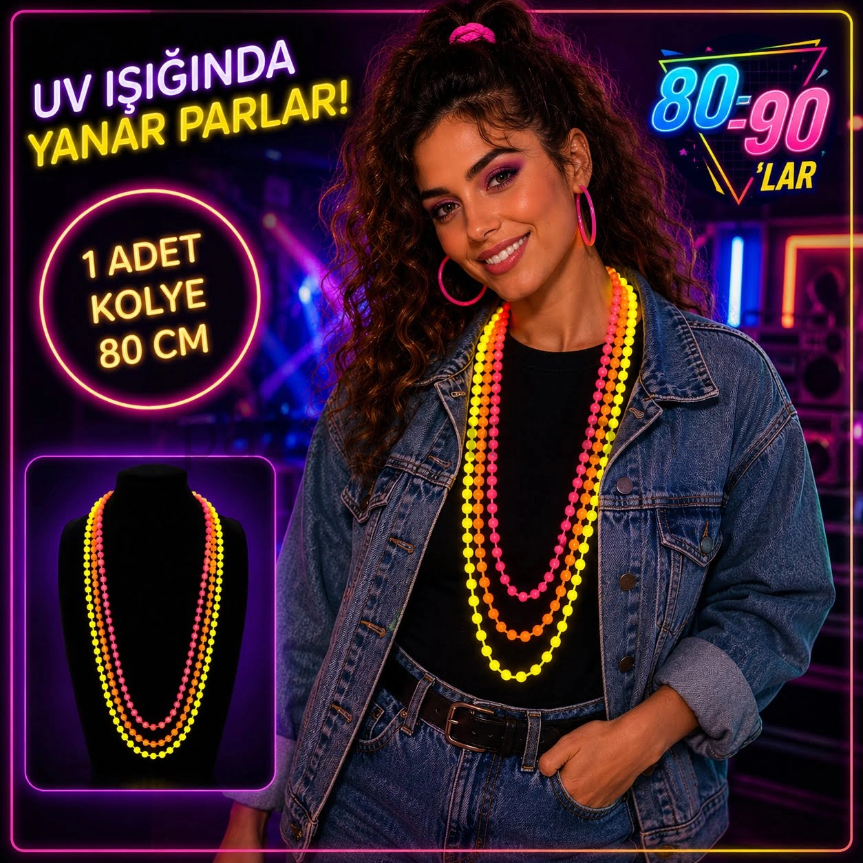80'ler 90'lar Uv Glow Parti Kolyesi 3'lü Set (pembe-turuncu-sarı Kolye)