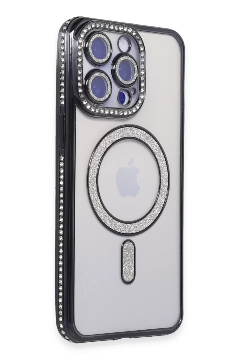 Newface Apple iPhone 14 Pro Max Kılıf Joke Simli Magneticsafe Kılıf - Siyah