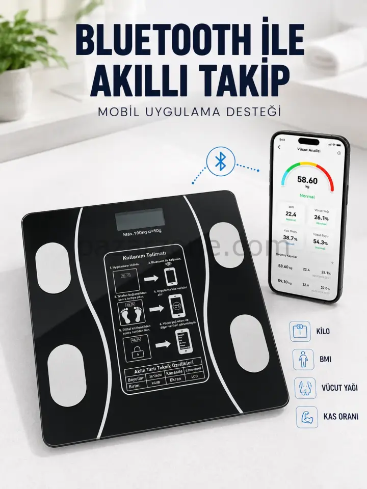 Akıllı Cam Baskül Bluetooth Mobil Uygulamalı Vücut Analiz Tartısı 180 Kg LCD Ekran