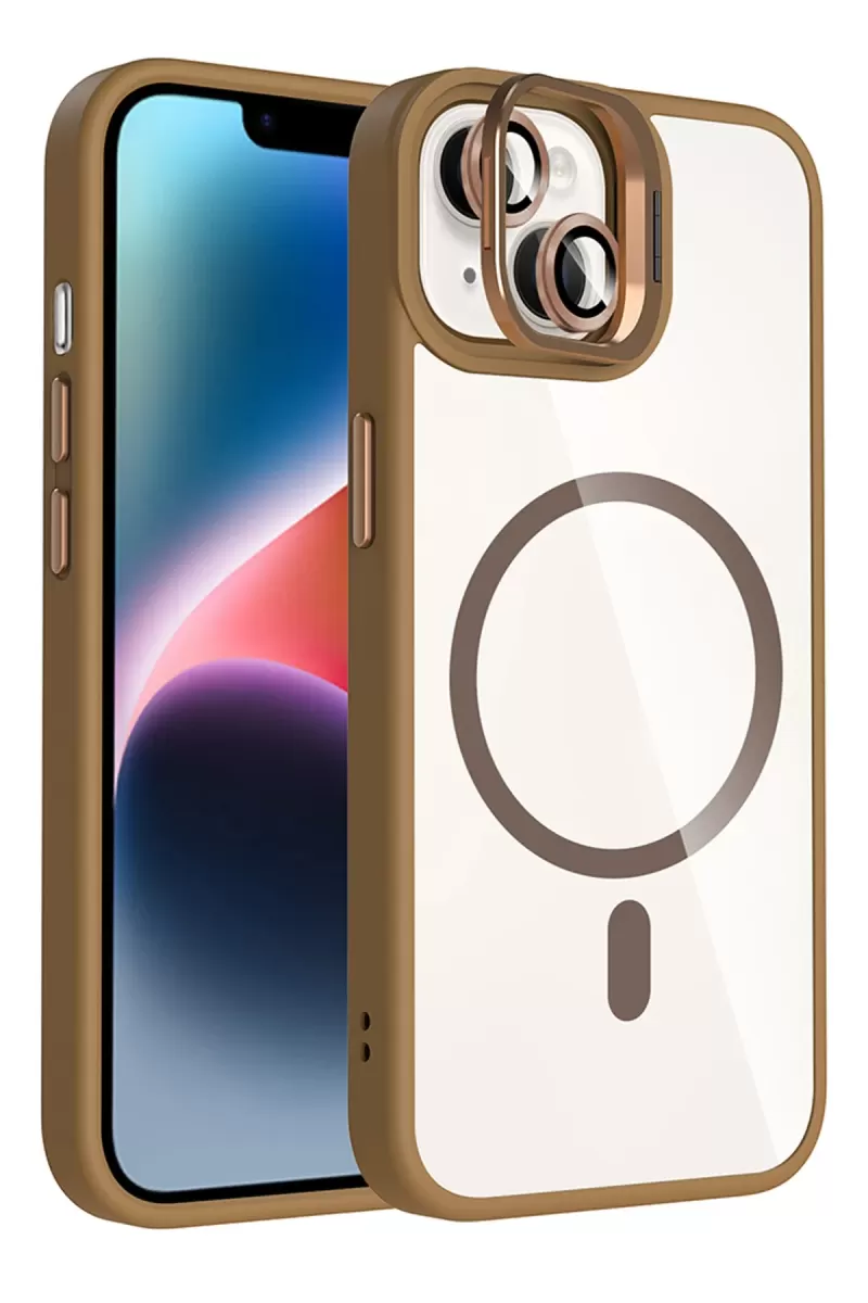 Joko Apple iPhone 15 Plus Remim Lensli Magsafe Standlı Kapak - Kahverengi