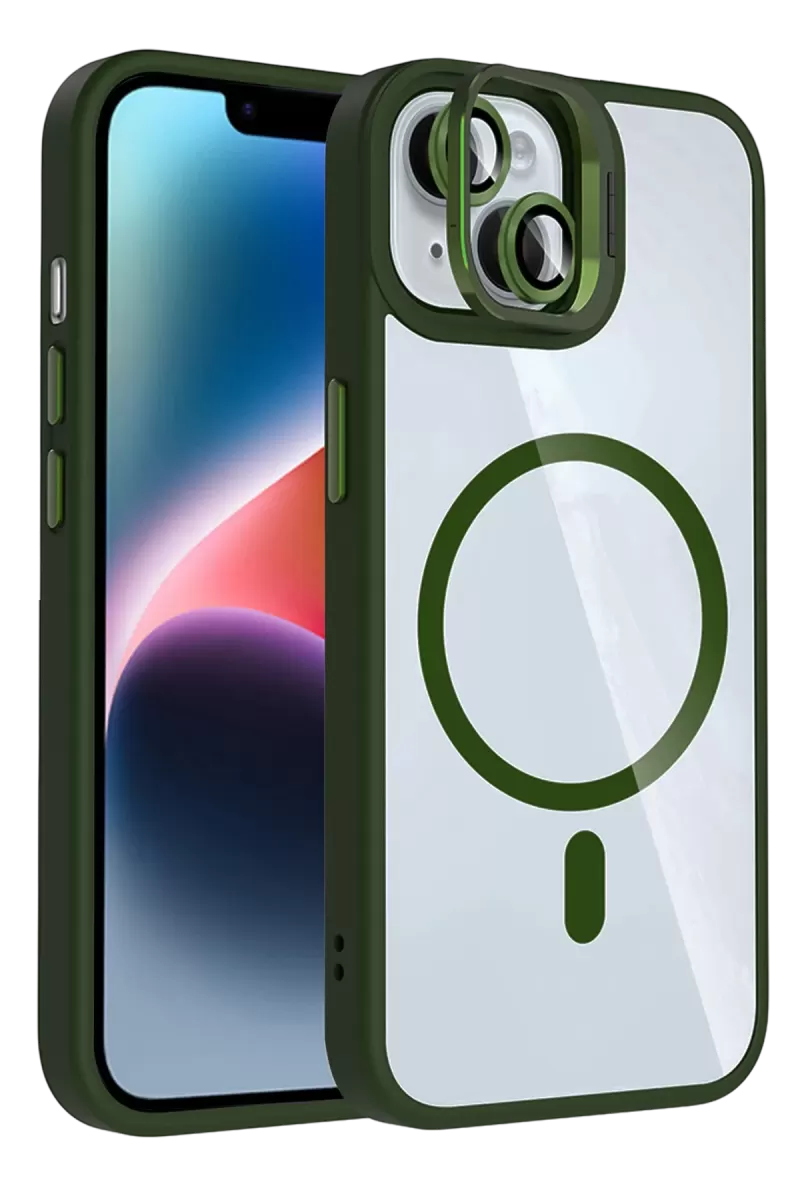 Joko Apple iPhone 15 Plus Remim Lensli Magsafe Standlı Kapak - Koyu Yeşil