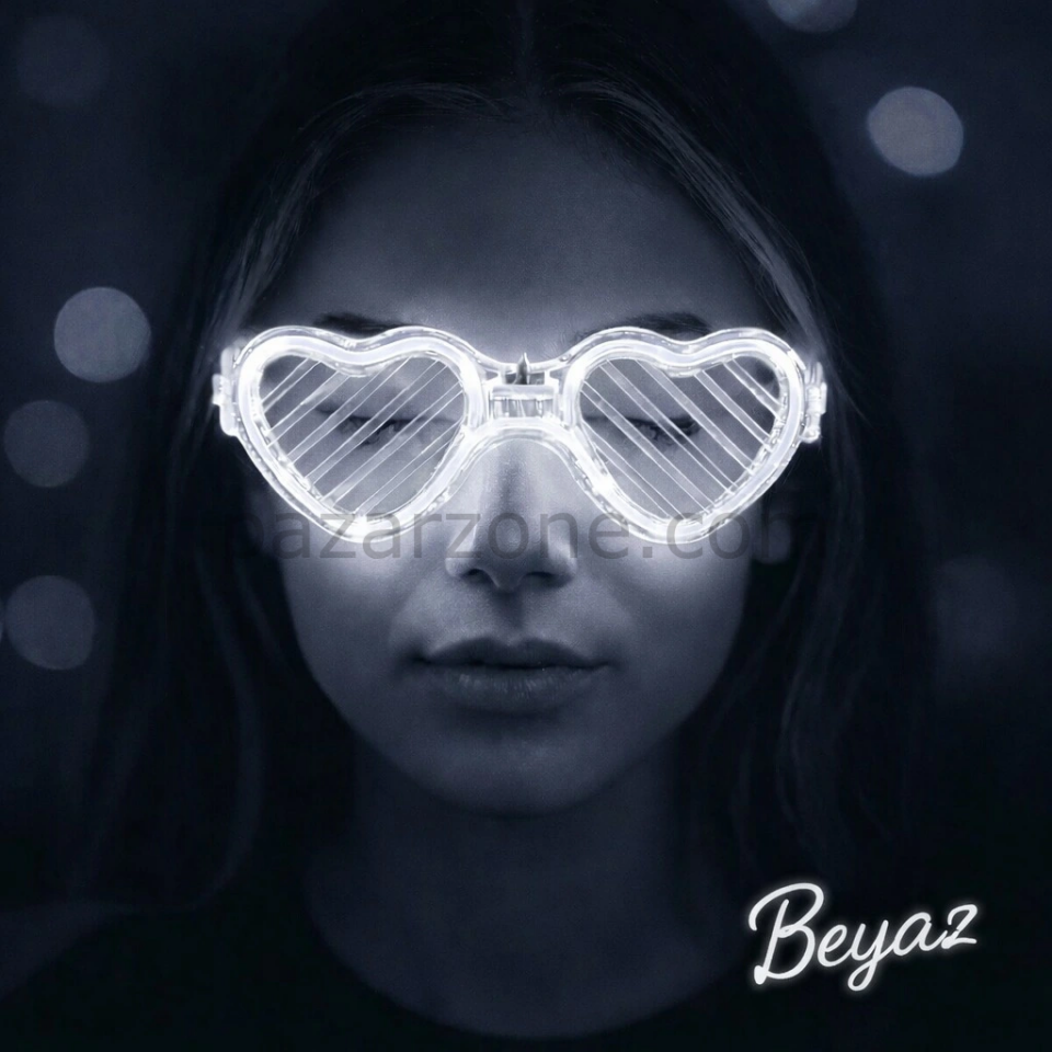 Beyaz Led Işıklı Kalp Gözlük – 3 Modlu Parti & Glow Gözlüğü