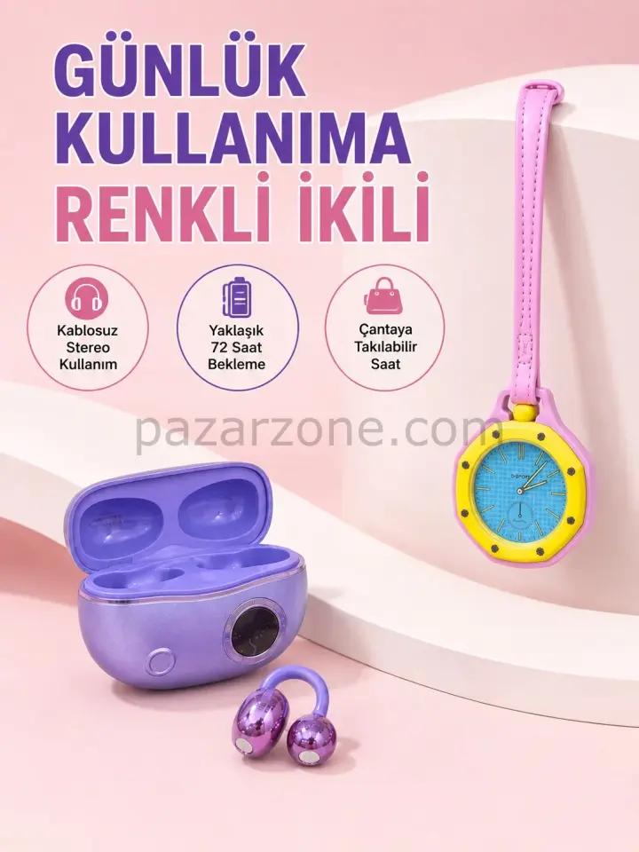 Şarj Kutulu Kablosuz Kulaklık ve Pembe Çanta Charm Analog Saat Seti Müzik ve Aksesuar Bir Arada