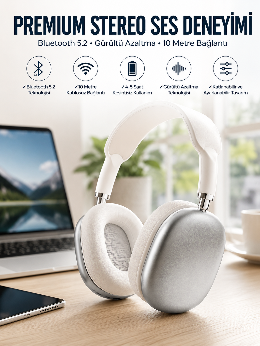 P9 Plus Kablosuz Kulak Üstü Bluetooth Kulaklık Beyaz Yüksek Ses Kaliteli