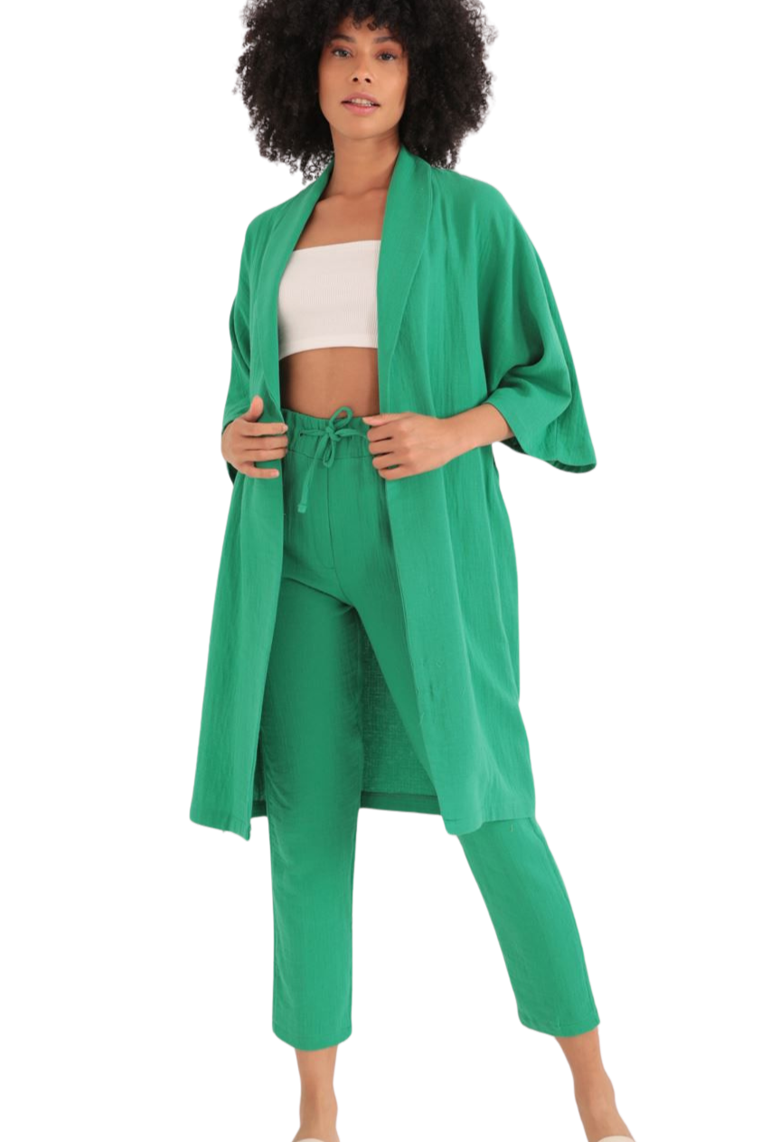 Rahat Kesim Kimono Üst-Yeşil