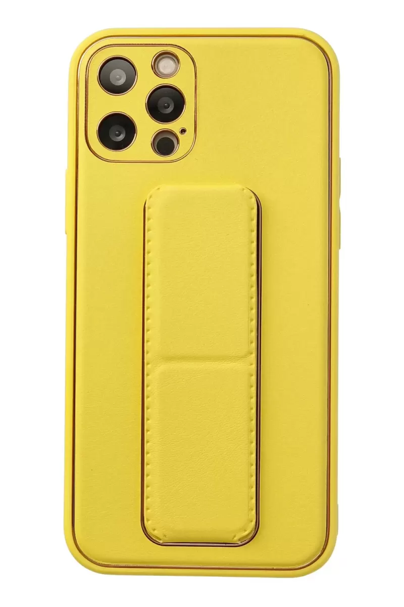 Newface Apple iPhone 12 Pro Kılıf Coco Deri Standlı Kapak - Sarı
