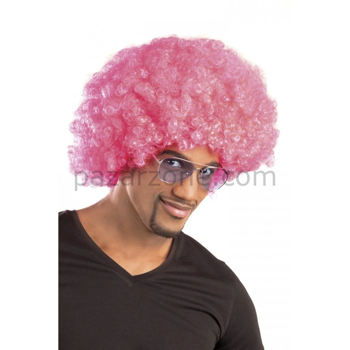 Pembe Renk Kıvırcık Afro Bonus Peruk