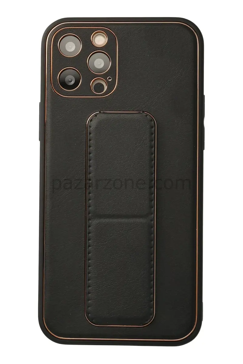 Newface Apple iPhone 12 Pro Kılıf Coco Deri Standlı Kapak - Siyah