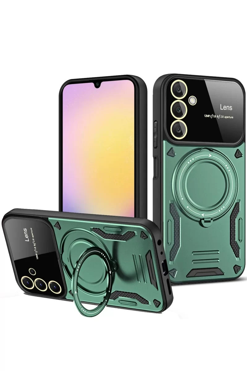 Newface Samsung Galaxy A14 4G Kılıf Joy Lens Standlı Kapak - Koyu Yeşil