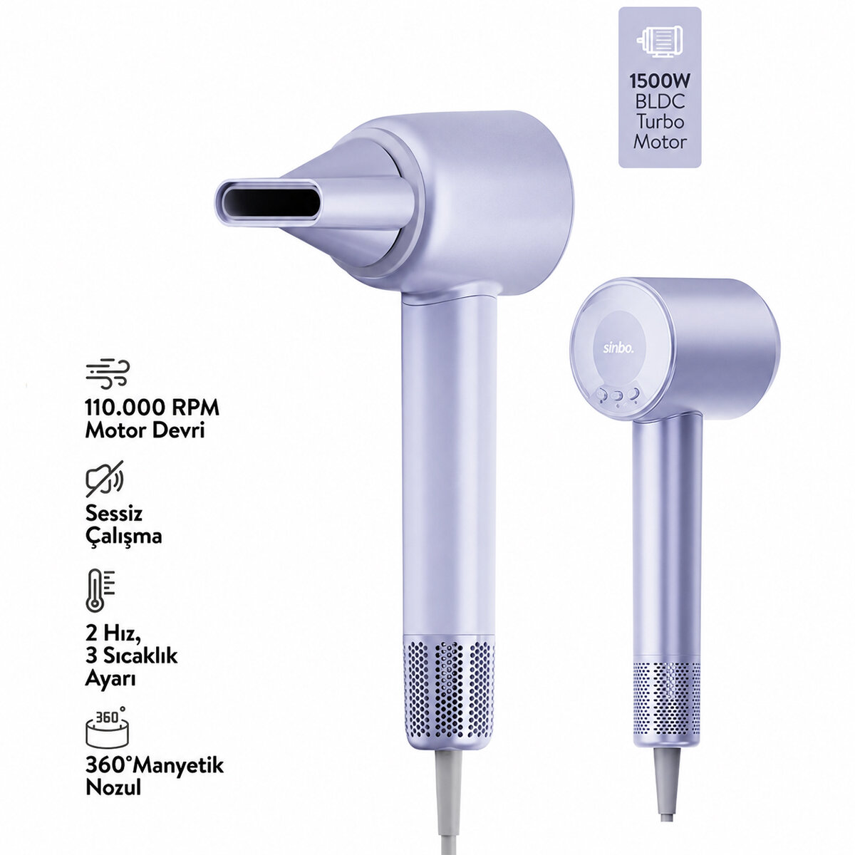 Sinbo Saç Kurutma ve Şekillendirme Makinesi - Mavi Renk - BLDC Turbo Motor