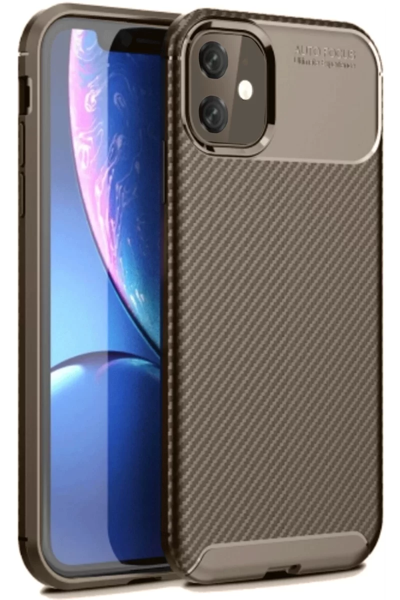 Newface Apple iPhone 11 Kılıf Auto Focus Karbon Kapak - Kahverengi