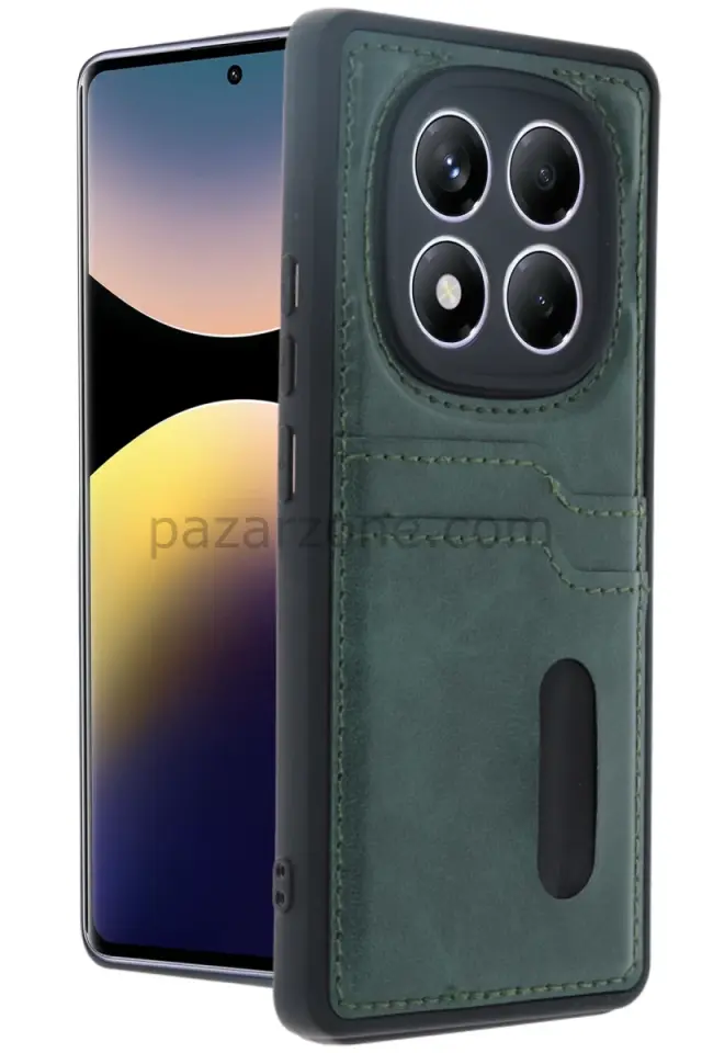 Newface Xiaomi Redmi Note 14 Pro 5G Kılıf Sara Kartvizitli Deri Kılıf - Koyu Yeşil