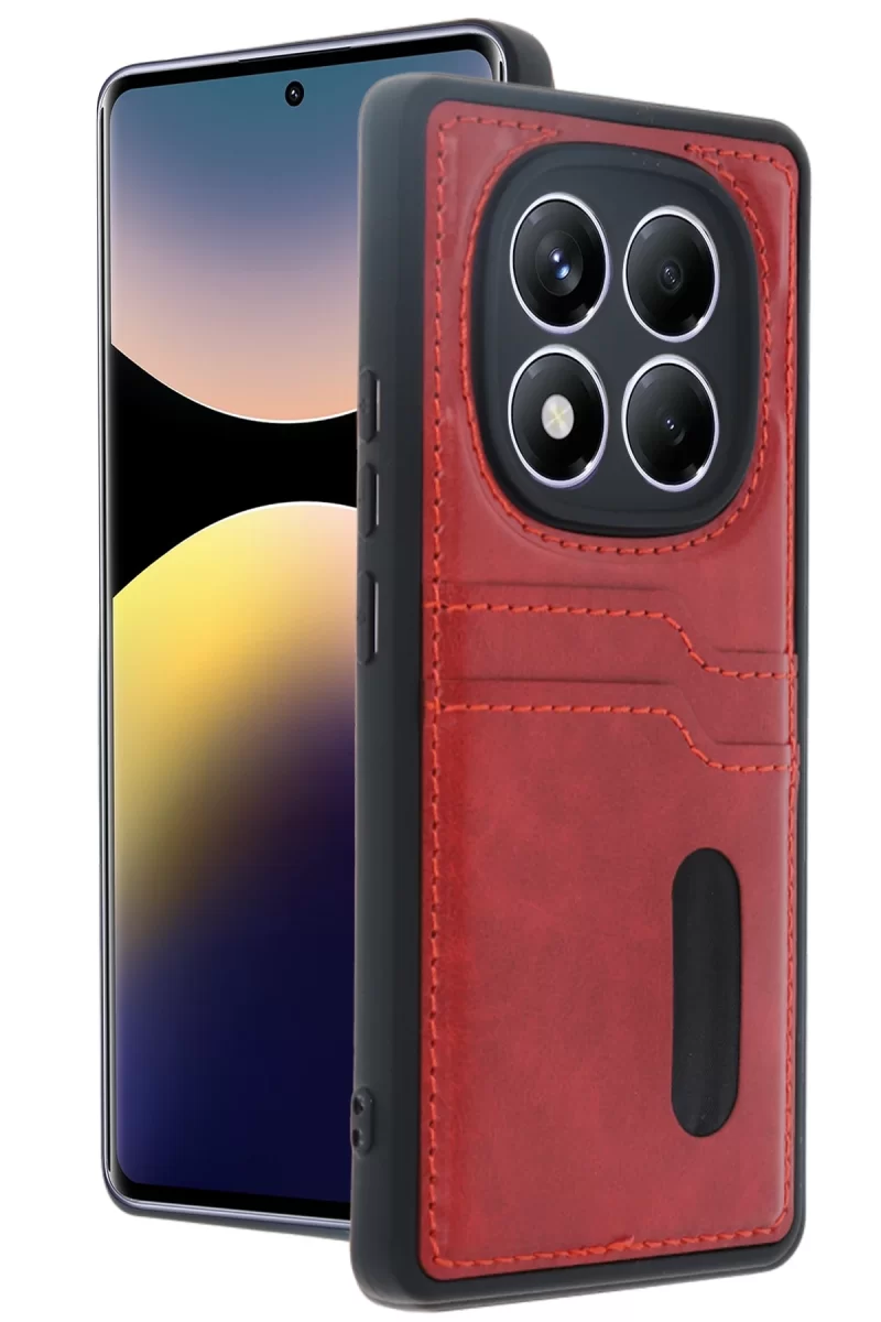 Newface Xiaomi Redmi Note 14 Pro 5G Kılıf Sara Kartvizitli Deri Kılıf - Kırmızı