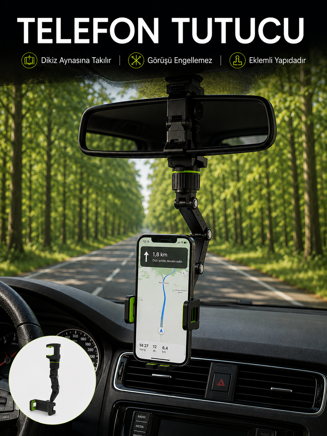 Araç İçi Dikiz Aynası Telefon Tutucu 360° Dönebilen Katlanabilir
