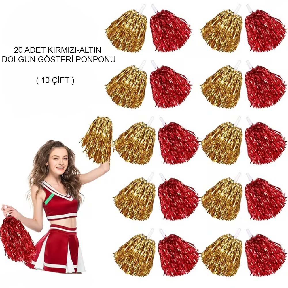 Kırmızı - Altın Metalik Dolgun Gösteri Ponponu 20 Adet (10 Çift)