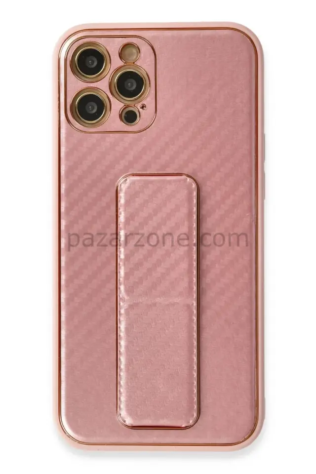 Newface Apple iPhone 12 Pro Kılıf Coco Karbon Standlı Kapak - Pembe