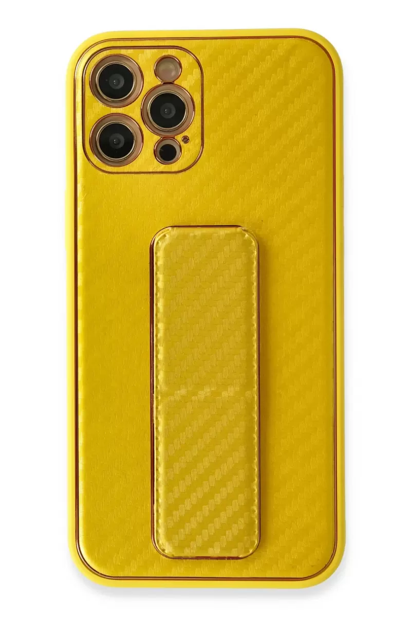 Newface Apple iPhone 12 Pro Kılıf Coco Karbon Standlı Kapak - Sarı