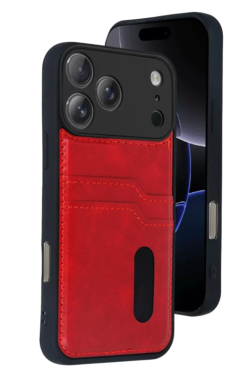 Newface Apple iPhone 17 Pro Max Sara Kartvizitli Deri Kılıf - Kırmızı
