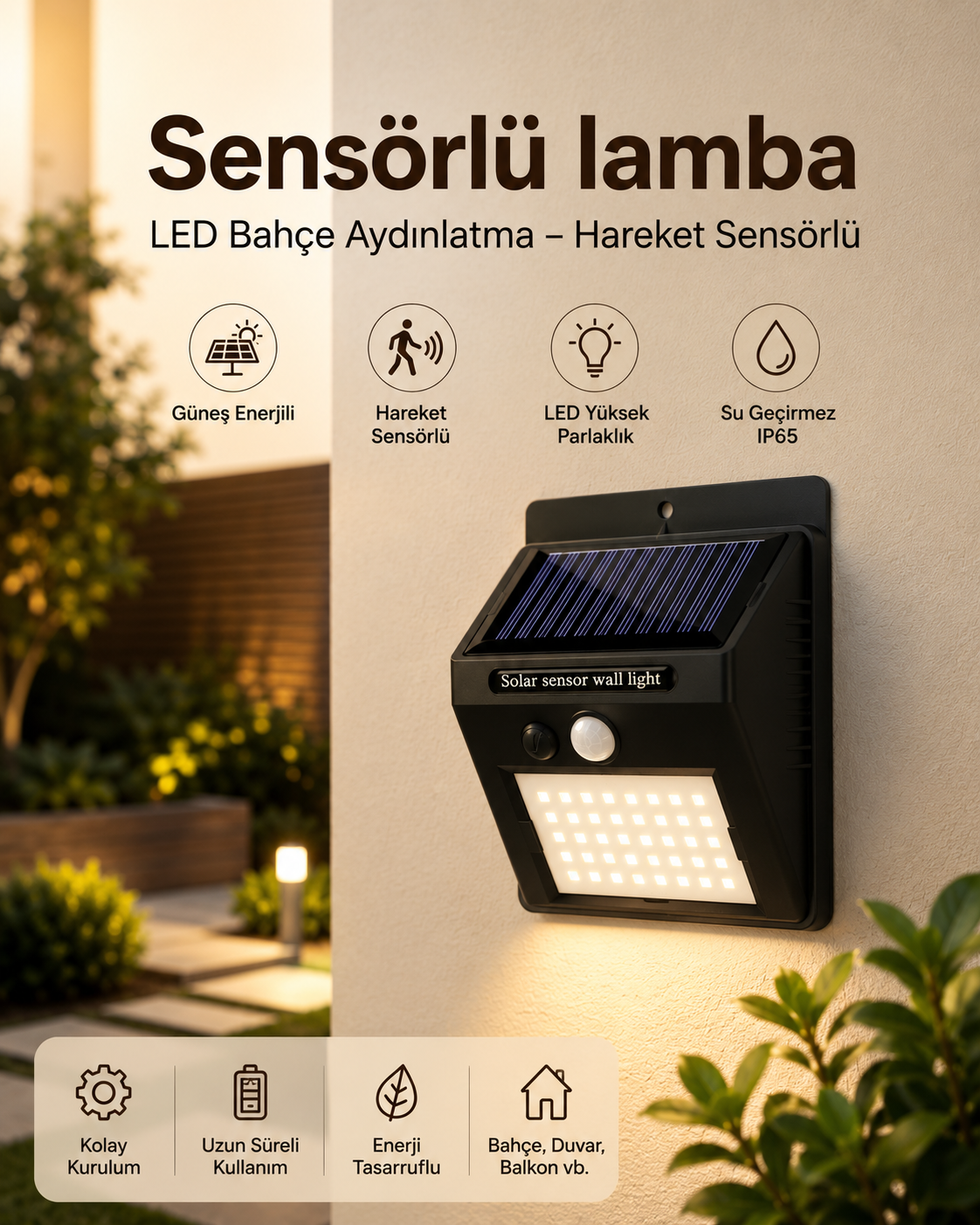 Sensörlü, Güneş Enerjili LED Duvar Lambası Bahçe ve Balkon Aydınlatma