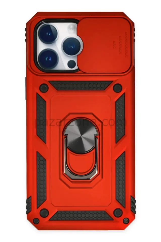Newface Apple iPhone 14 Pro Max Kılıf Pars Lens Yüzüklü Silikon - Kırmızı