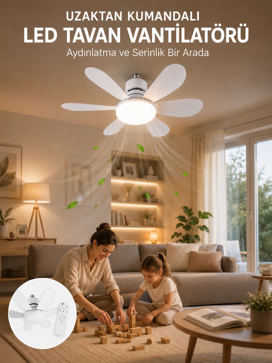 Tavan Vantilatörü Sessiz Motorlu Uzaktan Kumandalı LED Aydınlatma Güçlü Serinletme