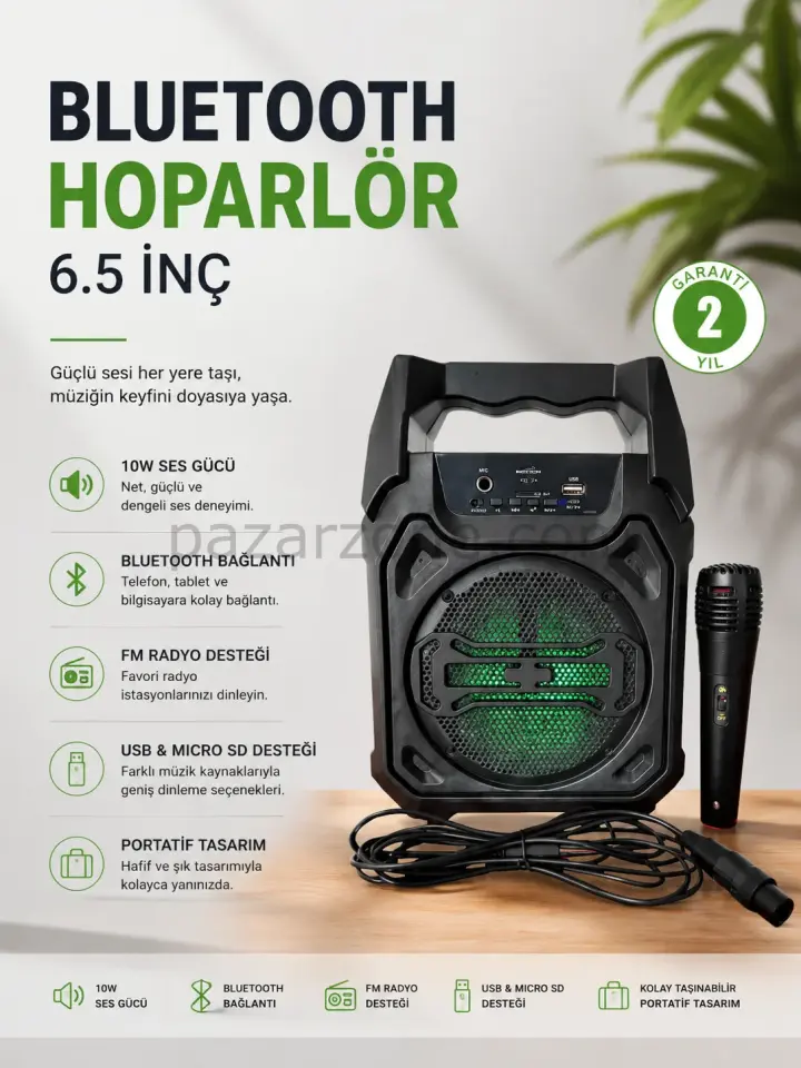 Bluetooth Hoparlör Mikrofonlu Taşınabilir Ses Sistemi FM Radyo, USB, SD Kart ve TWS Özellikli