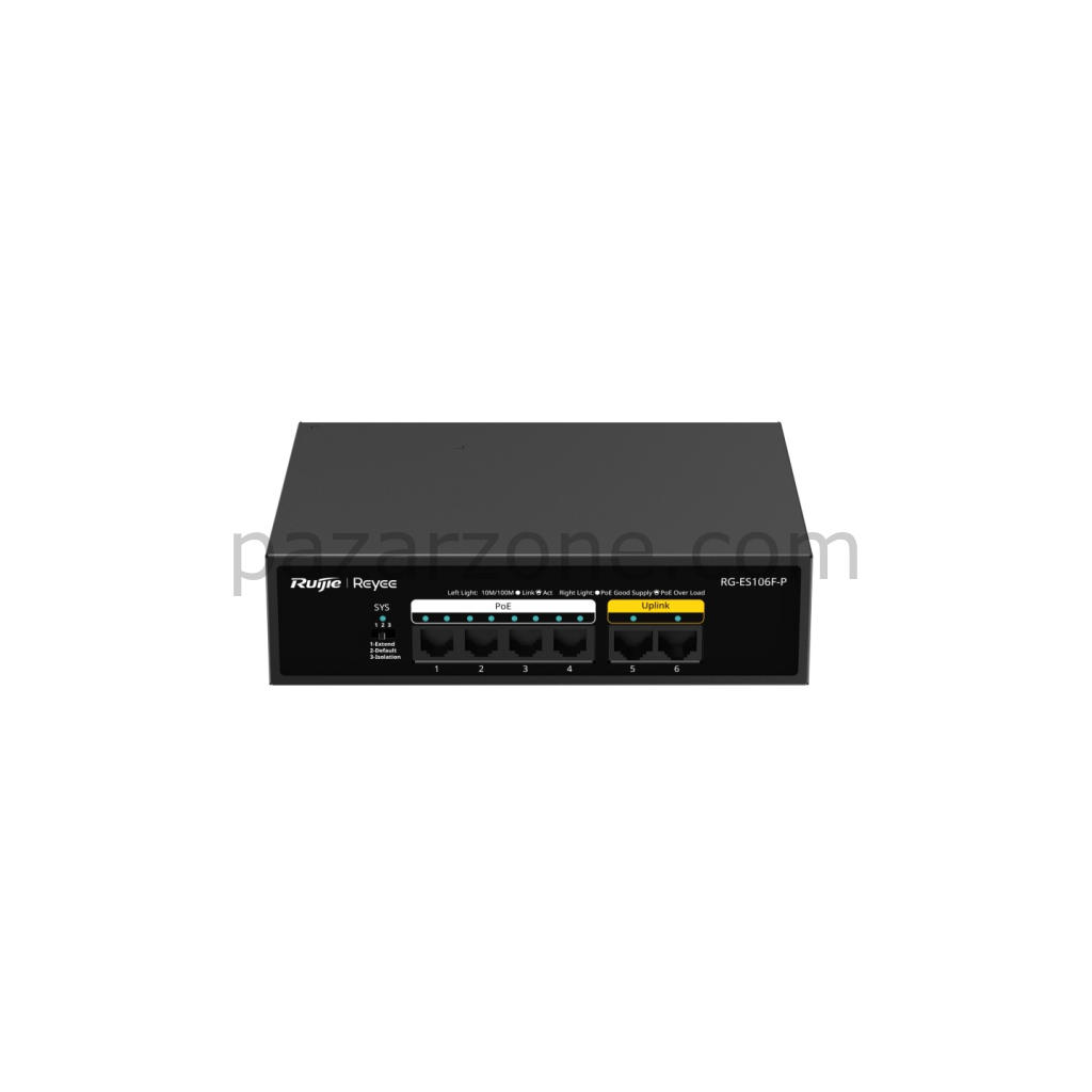 RUIJIE REYEE RG-ES106F-P 6 Port Megabit Tak Çalıştır Switch, 2 Fast Ethernet Uplink, 4 Port PoE+ (54W)