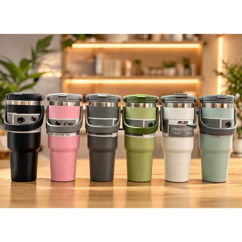 Renkli 700 ml Taşıma Kulplu Paslanmaz Çelik Termos Mug Bardak