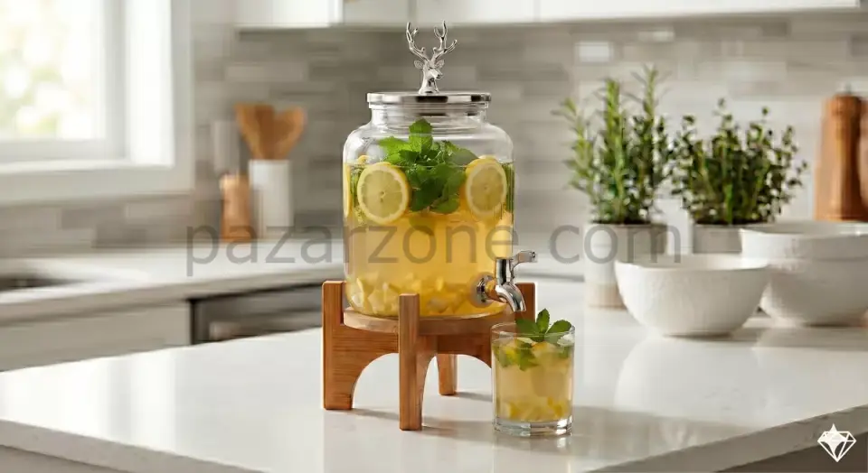 Geyik Figürlü Gümüş Lüks Cam İçecek Sebili - 3.6 Litre Bambu Standlı Meyve Suyu Kovası