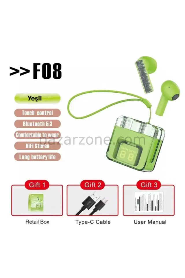 Karler Bass F08 Dijital Şarj Göstergeli TWS Bluetooth Kulaklık - Yeşil