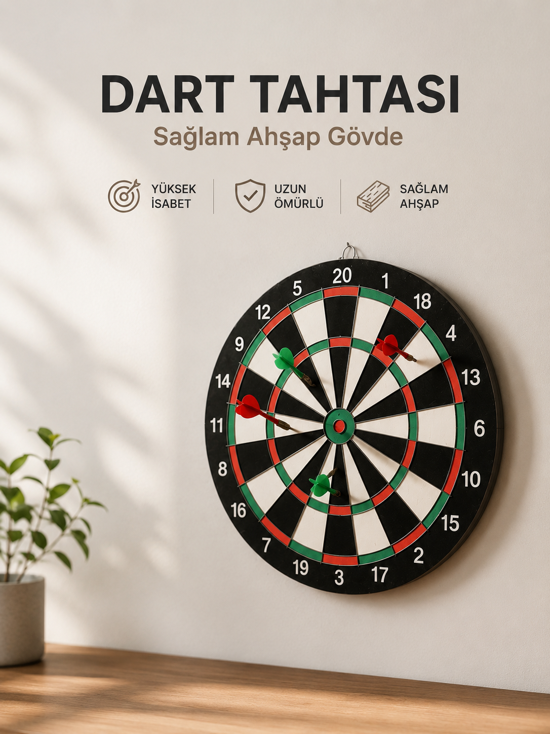 Evde, Ofiste ve Oyun Alanlarında Kullanıma Uygun Sağlam Ahşap Gövdeli Dart Tahtası