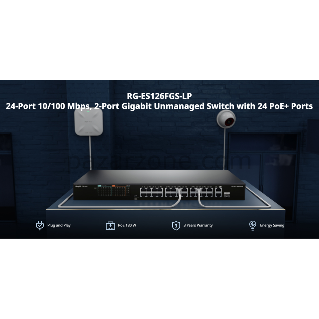 RUIJIE REYEE RG-ES126FGS-LP  26 Port, 24 Port  Megabit PoE, 180W, 2 Port Gigabit Uplink, 1 Port Gigabit COMBO,  Switch  Metal Kasa