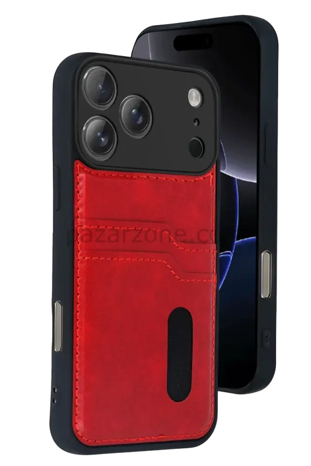 Newface Apple iPhone 17 Pro Max Sara Kartvizitli Deri Kılıf - Kırmızı