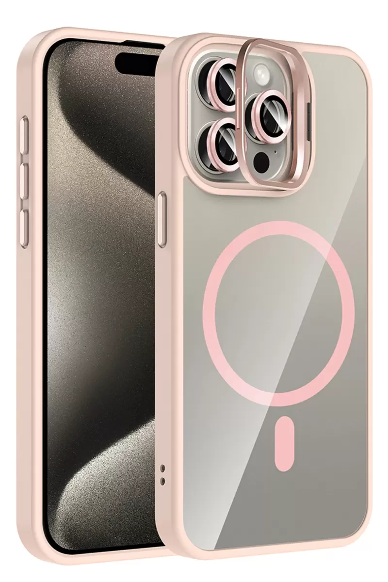 Joko Apple iPhone 14 Pro Max Remim Lensli Magsafe Standlı Kapak - Pembe