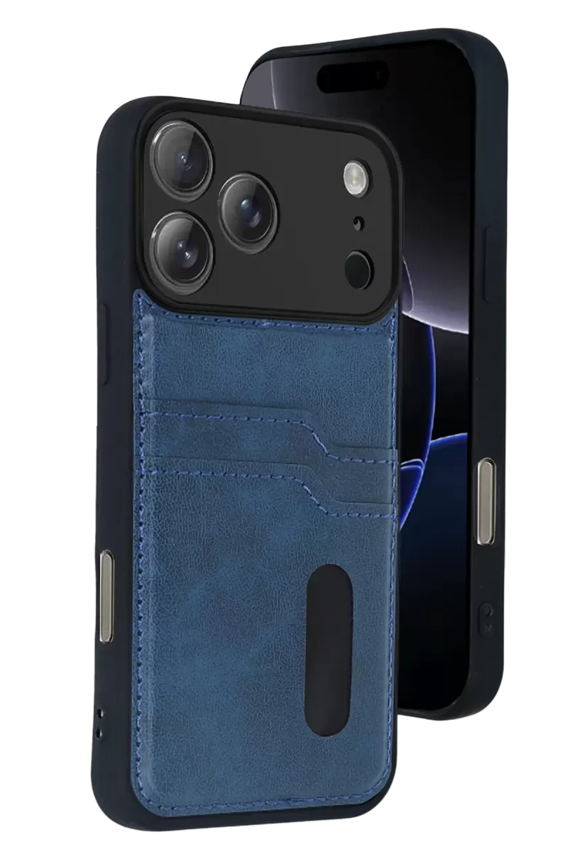 Newface Apple iPhone 17 Pro Max Sara Kartvizitli Deri Kılıf - Lacivert
