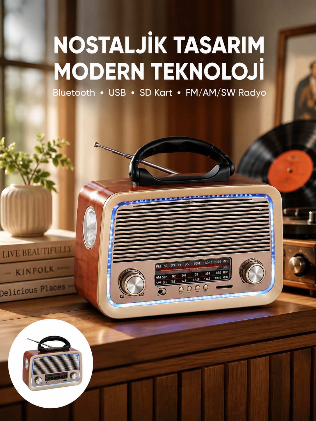 Nostalji Bluetooth Radyo FM AM SW Ahşap Eskitme Tasarım Yeni Nesil