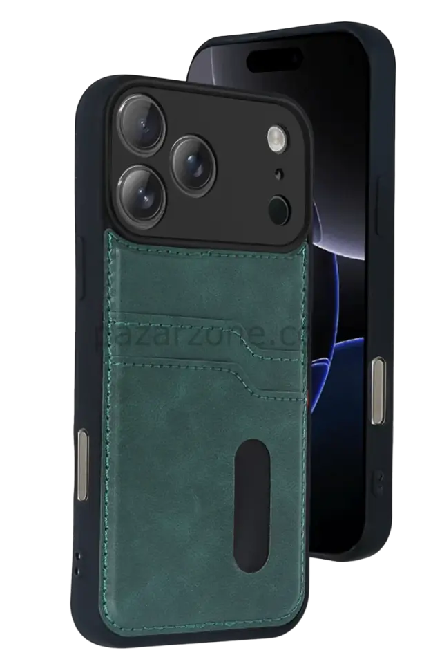 Newface Apple iPhone 17 Pro Max Sara Kartvizitli Deri Kılıf - Yeşil