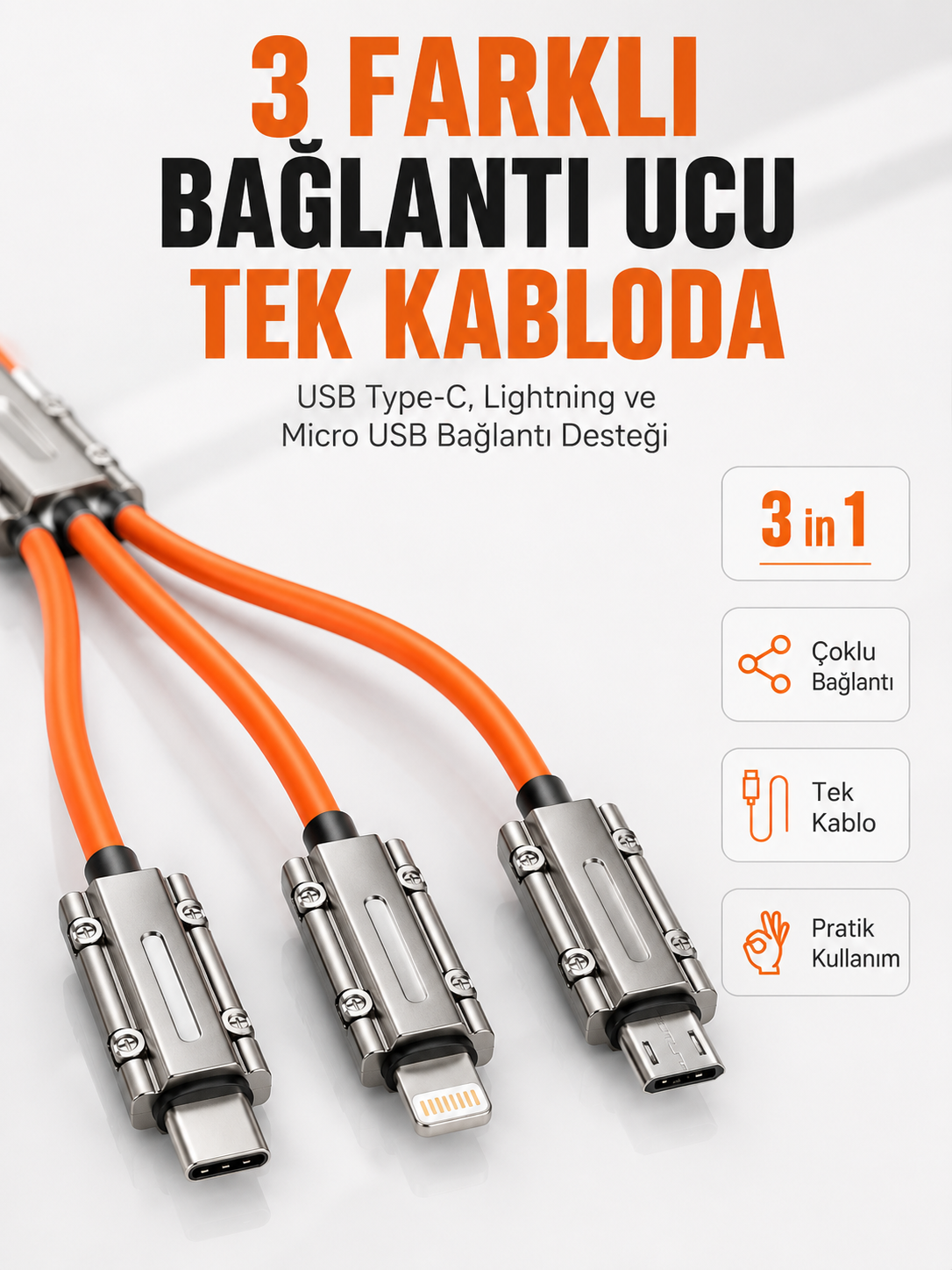 Çinko Alaşımlı Metal Konnektörlü Dayanıklı 6A Hızlı Şarj Kablosu