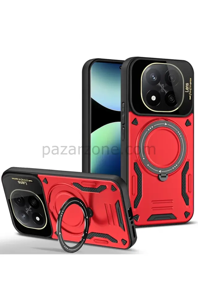 Newface Xiaomi Redmi Note 14 Pro 5G Kılıf Joy Lens Standlı Kapak - Kırmızı