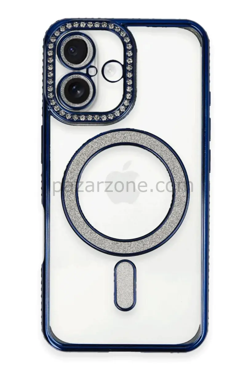 Newface Apple iPhone 16 Plus Kılıf Joke Simli Magneticsafe Kılıf - Lacivert