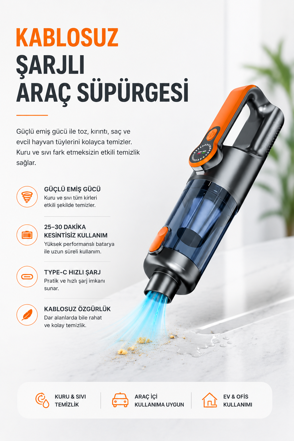 Yüksek Emiş Güçlü Taşınabilir Araç Süpürgesi